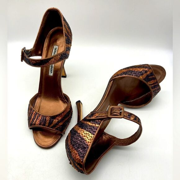 Manolo Blahnik Bronze Sequin/Leather Heels Size 39,5/9,5 - Picture 3 of 12